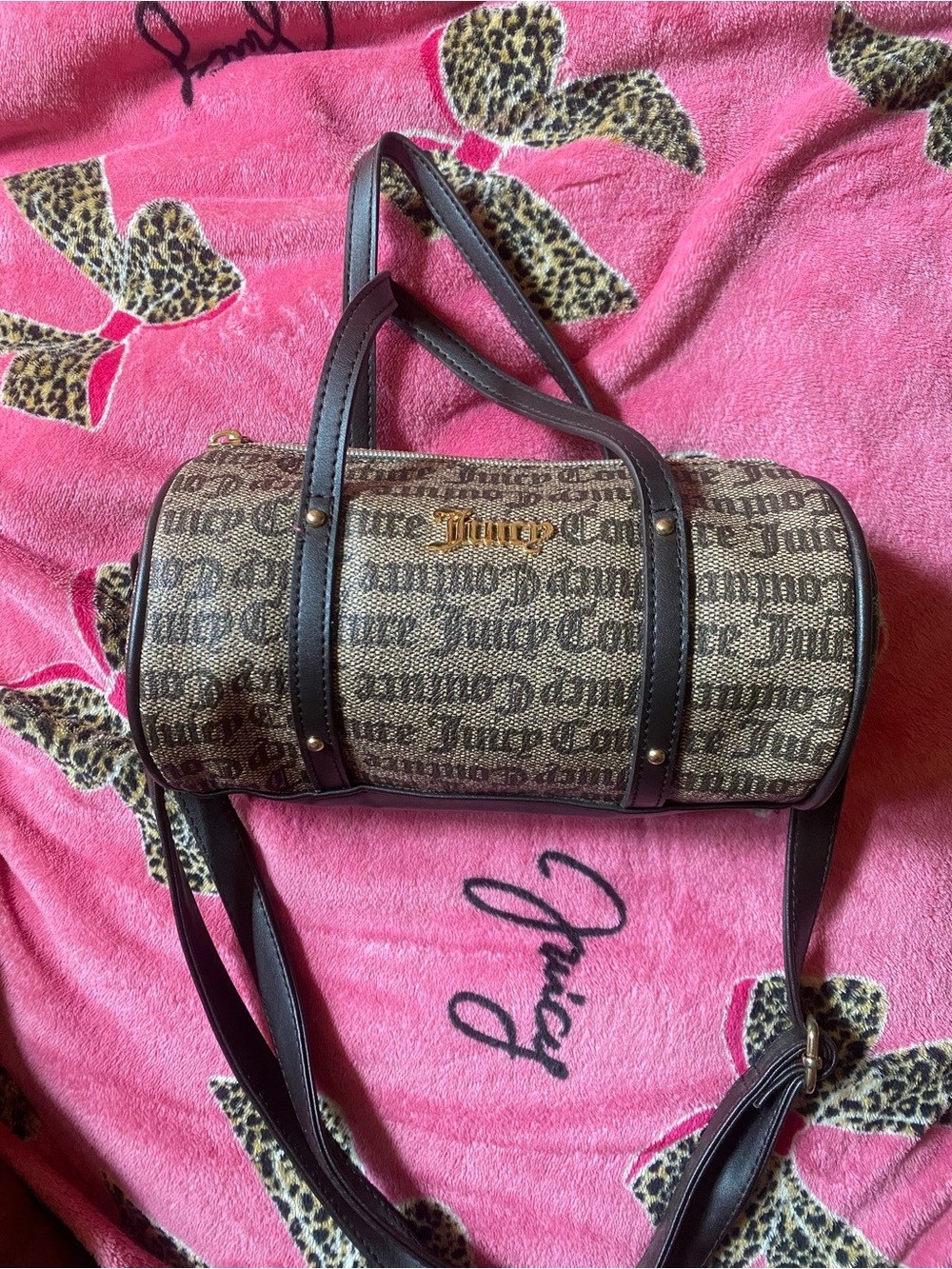 Juicy Couture Brown Logo Barrel Crossbody with Dark Brown Trim